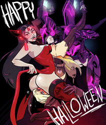 2d 3girls alternate_costume armor ass blonde_hair blue_eyes blush breasts breasts_out cleavage covered_breasts cunnilingus dress facesitting female female_only glowing_eyes grey_skin halloween high_heels holding_legs looking_at_viewer looking_back mercy multiple_girls my_pet_tentacle_monster no_panties oral overwatch pharah possessed_pharah pussy red_eyes spread_legs symmetra thighhighs tongue tongue_out vampire vampire_symmetra white_eyes witch witch_hat witch_mercy yuri