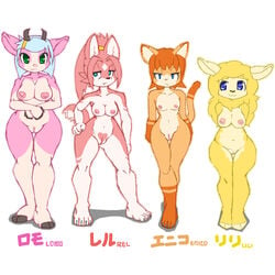 2016 4_fingers 4_toes 4girls :3 anthro areola big_breasts blonde_hair blue_eyes blue_hair breasts brown_fur brown_hair brown_nose canine caprine claws cleavage clothed clothing cute english_text enico eyelashes feline female female_only fur furry furry_only goat green_eyes hair half-closed_eyes hand_on_hip heart horn inner_ear_fluff japanese_text kaitoh lili lomo long_hair looking_at_viewer mammal naked navel nude orange_fur pink_fur pink_nose pose pussy rel shadow sheep simple_background small_breasts smile standing text thigh_gap toe_claws toes white_background white_fur wide_hips