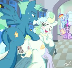 2016 alicorn animal_genitalia animal_penis anus ass balls blue_feathers blue_fur cum cum_in_pussy cum_inside cutie_mark equine equine_penis erection feathered_wings feathers female feral friendship_is_magic fur group hair horn horsecock inside locker loose_feather magic male mammal my_little_pony pegasus penis pussy quill rainbow_dash_(mlp) scroll sky_stinger_(mlp) straight succubi_samus sweat twilight_sparkle_(mlp) vapor_trail_(mlp) white_fur window wings