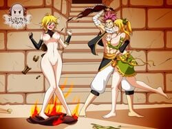 1boy 2girls blonde_hair blush breasts dimaria_yesta fairy_tail female fire ilustretsspoks large_breasts lucy_heartfilia natsu_dragneel navel nipples open_mouth pussy shaved_pussy uncensored undressing