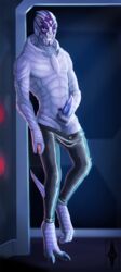 alien animal_genitalia clothed clothing erection essence_of_rapture genital_slit hi_res holding_penis looking_at_viewer male male_only mass_effect nude partially_clothed penis precum slit solo standing topless turian video_games