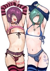 2boys 2n5 androgynous aqua_hair belt bikini bulge cute_male femboy girly goth iriya-kun looking_at_viewer male male_only mikel-kun nipples original piercing purple_hair short_hair small_penis standing striped striped_legwear thighhighs tiny_penis trap undressing