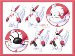 1boy barbed_penis eye_patch eyewear furry lucky_(legion_beast) model_sheet naughtyimp nintendo one-eyed original_character penis pokemon pokemon_(species) scar solo testicles text zangoose