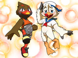 alternate_version_available anthro avian balls barefoot beak bird blush bottomless clothed clothing duo embarrassed fist flaccid half-closed_eyes humanoid_penis kuinari_yamahara looking_at_viewer male nakayan one_leg_up open_mouth penis pubes rail_(bird) sailor_uniform salute seagull shirt simple_background small_penis sneakers suihei_kamomeno sweat sweatdrop tank_top tapering_penis textured_background uncut