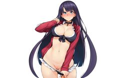 bikini fate/grand_order fate_(series) long_hair netlk open_clothes open_shirt panty_pull photoshop pussy pussy_juice saint_martha shirt signed swimsuit uncensored undressing white_background