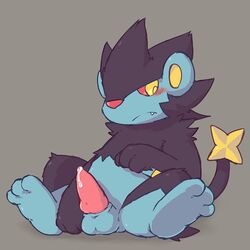 1boy animal_genitalia animal_penis ass belly black_fur blue_fur blush canine canine_penis cum erection fangs feet feline feral flappydog front_view furry grey_background knot looking_away luxray male male_only mammal nintendo nude paws penis pokemon pokemon_(species) precum quadruped reclining red_sclera sheath sitting soles solo spread_legs spreading tail testicles video_games yellow_eyes