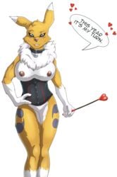 2017 anthro big_breasts breasts chest_tuft clothing collar corset digimon domino_(artist) female heart holidays lingerie looking_at_viewer mostly_nude nipples pussy renamon riding_crop smile solo speech_bubble tuft valentine's_day whip