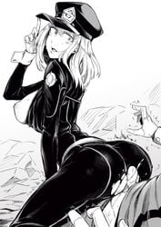 1boy adjusting_hat ass breasts breasts_out camie_utsushimi cum cum_in_pussy cum_inside domination eyelashes female femdom hat izuku_midoriya large_breasts male monochrome my_hero_academia nakamura_regura peaked_cap regura reverse_cowgirl_position sentones sex shiketsu_high_school_cap straight sweat torn_clothes torn_pants vaginal_penetration white_background