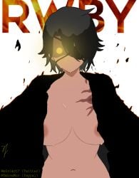 @m0r14rt7 black_cloak bleach:_the_thousand-year_blood_war burn_scar burning cinder_fall cloak_only cosplay eyepatch fire glowing_eye obscured_nipples one_eye_covered parody_porn rwby scar short_hair sweat sweaty text white_background yamamoto-genryuusai_shigekuni