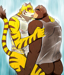 anthro ass ass_grab bearlovestiger13 clothed clothing french_kissing hand_on_ass hug kissing male partially_clothed shower water yaoi