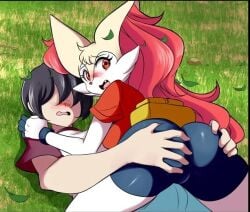 1girls accidental_erection ass_focus ass_grab braixen bray_(lucyfercomic) clothed female furry furry_female game_freak groping_ass imminent_penetration lucyfercomic male_human/female_pokemon may_(pokemon)_(cosplay) on_grass pokemon pokemon_(species) pokemon_trainer