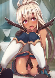 anus bangs bare_shoulders blush censored dark-skinned_female dark_skin female gloves granblue_fantasy hair_between_eyes indoors long_hair looking_at_viewer mosaic_censoring open_mouth pussy red_eyes sitting solo spread_pussy sweat tachihaya_hiro the_order_grande white_hair