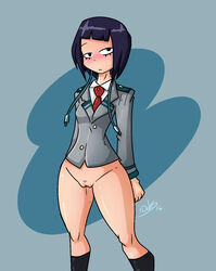 2016 black_eyes black_hair blazer blush bottomless dahs female frown kyoka_jiro looking_at_viewer my_hero_academia pussy school_uniform short_hair socks solo u.a._school_uniform