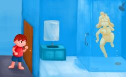 absurd_res air_bubble animal_crossing anthro aquaphilia asphyxiation bathroom bloope breasts bubble canid canine digital_media_(artwork) drowning duo female fur genitals hi_res human isabelle_(animal_crossing) male mammal nintendo nipples nude peril pussy shower underwater villager_(animal_crossing) water wet