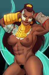 1girls abs areola armpit bare_shoulders belly bracelet breasts brown_hair brown_skin dark-skinned_female dark_skin erect_nipples fat_mons female female_only green_eyes hips huge_breasts illaoi jewelry large_breasts league_of_legends legs long_hair muscular_female naavs navel nipples nude perky_breasts pose pubic_hair purple_hair pussy side_shave smile solo tattoos thick_thighs thighs topless undercut vagina