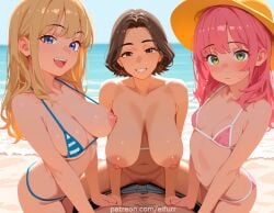 1boy 3girls ai_generated beach blonde_hair brown_hair cowgirl_position different_poses horny milf multiple_girls pink_hair shy young