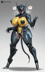 1robot_furry ai_generated big_breasts breasts looking_at_viewer nipples no_bra no_panties poncedart pussy robot_furry tail watermark white_background