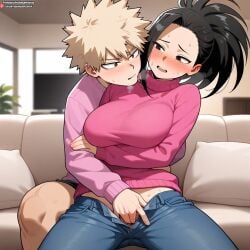 1boy 1girls ai_generated boku_no_hero_academia couple katsuki_bakugou my_hero_academia sensual yaoyorozu_momo