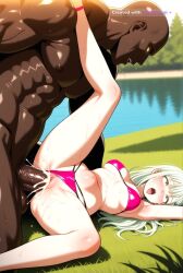 1girl ahegao ai_assisted ai_generated arched_back aroused black_hair blurred_background blushing cowboy_shot cross_eyed cum_on_face cumming daytime deep_penetration dramatic_lighting drool dutch_angle eye_roll eyeroll flirty gold_eyes grimace hairclip horny lake legs_up light_green_hair line_art long_hair messy_hair missionary_position missionary_sex motion oily_skin on_grass outdoors penetrated perfect_anatomy red_lipstick rough_sex sexy_pose shiny_face shiny_skin shuddering smaller_breasts spread_legs sunlight