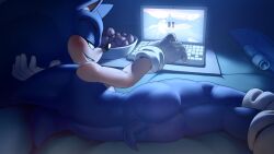 1boy anthro ass blue_fur computer con electronics hedgehog krazyelf laptop looking_at_viewer looking_back looking_back_at_viewer lying_down lying_on_bed lying_on_side male mobian_(species) mostly_nude paramount_pictures rodent sega smile smiling_at_viewer socks solo solo_male sonic_(series) sonic_the_hedgehog sonic_the_hedgehog_(film) sonic_the_hedgehog_(series)