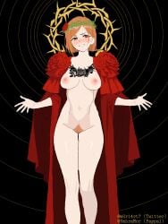 1girls arms_out blush brown_eyes crown_of_thorns female female_only ginger ginger_hair golden_halo halo inviting inviting_to_sex jujutsu_kaisen kugisaki_nobara m0r14rt7 orange_hair presenting_body pubic_hair red_cloak religious_eroticism religious_symbols religious_themes robe_only rose_tattoo roses smile sweat sweaty tattoo tattoo_on_chest