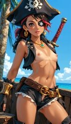 ai_generated black_hair breasts exposed_breasts eyepatch jewelry original_character pirate pirate_captain_vanessa_red pirate_hat red_highlights small_breasts tan_body tan_skin tanline terror139