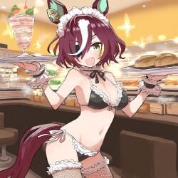 ai_generated animal_ears eyepatch female frilled_bikini horse_girl purple_hair tanino_gimlet_(umamusume) two_tone_hair umamusume umamusume_pretty_derby yellow_eyes