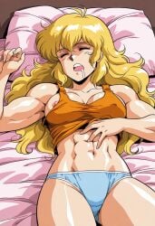 1980s_(style) 1girls abs accidental_exposure ai_generated asleep bags_under_eyes bed biceps blonde_hair breasts close-up drooling loose_clothes muscular_female nipple_slip nipples o panties rwby scratching sleeping sleepy tank_top thighs tired unaware unintentional_exposure yang_xiao_long