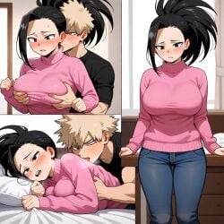 1boy 1girls ai_generated boku_no_hero_academia couple katsuki_bakugou my_hero_academia sensual yaoyorozu_momo