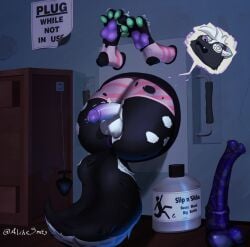 alchesmity animal_dildo animal_sex_toy anthro anus ass balls big_tail biped black_body black_fur butt_focus buttplug clenched_teeth clothing countershading curling_toes detailed_background digitigrade dildo dresser emanata english_text equine_dildo feet floor fur furniture genitals glans green_pawpads hair half-erect handle hi_res humanoid_genitalia humanoid_penis inner_ear_fluff inside jug legwear long_hair lube_bottle lying male mammal mephitid multicolored_penis on_back open_mouth paper pawpads penis pink_clothing pink_legwear pink_thigh_highs plug_(sex_toy) purple_anus purple_nose purple_pawpads purple_penis sex_toy shaded sign skunk solo spiral spiral_eyes spots tail teeth text thigh_highs through_wall tonyskoonk torn_clothing tuft two_tone_penis two_tone_tail white_balls white_hair white_inner_ear white_inner_ear_fluff white_penis white_spots wood wood_floor