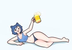 1girls 2d animal_ears beer blue_hair drunk female_only kotas_new_journey kotobyxa light-skinned_female light_skin no_bra panties partially_clothed partially_nude solo string_panties tank_top