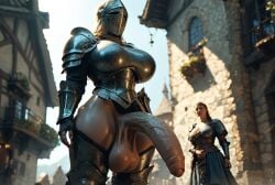 ai_generated armor foreskin futa_focus futanari huge_cock knight leiderhosenai public public_nudity sagging_balls solo_focus