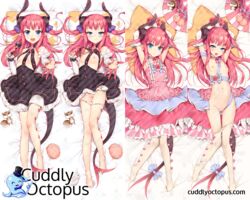 blue_eyes boots dakimakura detached_sleeves dress elizabeth_bathory_(fate) fangs fate/extra fate/extra_ccc fate/grand_order fate_(series) female horns kyuri_(405966795) long_hair open_mouth panties pink_hair pointy_ears ribbon solo striped striped_panties tail underwear