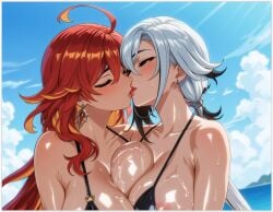 2females 2girls 2milfs 2women ai_generated arlecchino_(genshin_impact) flirting genshin_impact girl_on_girl kissing lesbian_couple lesbian_domination lesbian_kiss lesbian_sex lovers mavuika_(genshin_impact) yuri yuri