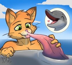 anatomically_correct anthro cetacean cloud dolphin feline female feral furry green_eyes grey_skin happy heart horsen male mammal marine orange_fur penis pleasure_face precum simple_background tagme zoophilia