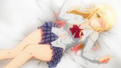 1girls 2025 anime anime_style arms bangs bed bedroom big_eyes blonde_female blonde_hair blue_skirt blush bow bowtie breasts breasts_apart closed_hand closed_hands closed_mouth clothed clothed_female clothing covered_breasts digital_media ear embarrassed embarrassed_female eyebrows eyebrows_visible_through_hair eyelashes female girl hair_over_one_eye hand hands_closed high_resolution highres indoors legs legs_together long_hair long_hair_female long_sleeves looking_at_viewer lying lying_on_back lying_on_bed medium_breasts medium_hair medium_hair_female mouth_closed multicolored_hair navel navel_cutout nose_blush olive_eyes on_back one_eye_covered partially_open_shirt pocket red_bangs red_bow red_bowtie school_skirt school_uniform schoolgirl screencap shadow sheets shiny_hair simple_background skirt smile smiling solo solo_female sparkles staple_entertainment sweat sweatdrop sweating tachibana_satsuki_(watari-kun_no_xx_ga_houkai_sunzen) teenage_girl teenager thighs thin thin_arms thin_female upper_body_visible watari-kun_no_xx_ga_houkai_sunzen white_background white_clothes white_clothing white_shirt yellow_eyes yellow_hair