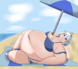 beach bikini blue_bikini blue_eyes blue_eyes_female exposed_fat_belly fat fat_female fat_girl fat_woman female female_focus female_only fontaine_girls furina_(genshin_impact) genshin_impact hoyoverse ice_cream laying_down light-skinned_female light_skin looking_at_viewer mihoyo mihoyo_technology_(shanghai)_co._ltd. obese obese_female solo solo_female solo_focus thick_thighs thighs weight_gain white_hair white_hair_female wide_hips