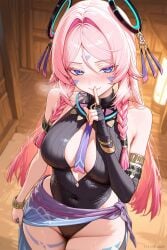 1girls ai_generated blue_eyes blush breasts citlali_(genshin_impact) curvy genshin_impact hourglass_figure large_breasts leotard pink_hair seductive seductive_look seductive_smile twin_braids wide_hips