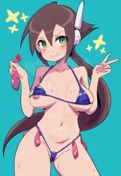 absurdres aile_(mega_man_zx) aqua_background bikini blue_bikini blush breasts brown_hair buzzlyears condom condom_belt cowboy_shot female green_eyes highres holding holding_condom large_breasts long_hair mega_man_(series) mega_man_zx mega_man_zx_advent micro_bikini nervous_smile nipple_slip nipples ponytail robot_ears simple_background smile solo swimsuit used_condom v