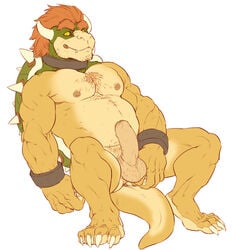 1boy anthro anus balls ballsack bara beard_stubble beefy beige_countershading biceps black_sclera body_hair bowser bracelet chest_hair claws collar erection facial_hair foreskin forge_(artist) green_head hairy_balls horns humanoid_penis intact jewelry koopa looking_at_viewer male male_nipples male_only male_pubic_hair mario_(series) masculine mature_male musclegut muscles muscular_male nintendo nude_male ochre_skin orange_hair partially_retracted_foreskin pecs penis pose presenting pubes reptile scalie scrotum shell simple_background sitting smooth_penis solo spiked_shell spread_legs spreading tail teeth testicles turtle uncut vein video_games white_background yellow_eyes