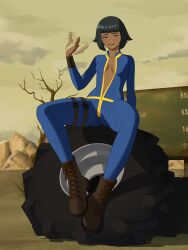 arianne bodysuit bodysuit_open boots clothed commission dark-skinned_female dark_skin desert fallout fallout_(series) fanning_self hot legs_apart legs_spread medium_breasts mia-b013 native_american native_american_female tight_clothing uncomfortable unzipped unzipped_bodysuit vault_dweller vault_girl vault_suit wasteland