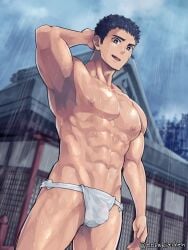 1boy abs armpits arms_up bandaid bandaid_on_cheek bandaid_on_face biceps big_areola big_breasts big_bulge black_eyes black_hair bulge bulge_through_clothing cloudy_sky collarbone cowboy_shot ebitendon erect_nipples frown fundoshi fundoshi_only gay genital_outline hands_behind_head hi_res looking_down male male_breasts male_only manly mature_male muscles muscular muscular_arms muscular_male navel open_mouth oppai original original_character outdoors pecs raining rokushaku_fundoshi short_hair shrine six_pack sky solo standing sweat sweatdrop thick_eyebrows topless torakichi_(ebitendon) torakitchen translucent_clothing wet wet_body white_fundoshi yaoi young