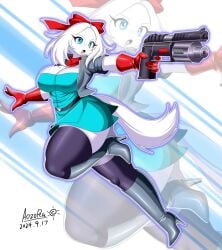 aozora_(tasogare_aozora) boots dress fay_spaniel female furry gloves gun hair_ribbon high_heel_boots jacket long_ears star_fox star_fox_2 thighhighs weapon