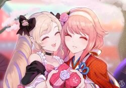 2girls alternate_costume blonde_hair bow box cherry_blossoms closed_eyes dress drill_hair elise_(fire_emblem) elise_(valentine)_(fire_emblem) female female_only fire_emblem fire_emblem_fates fire_emblem_heroes gift hair_bow hairband happy heart-shaped_box highres japanese_clothes kimono looking_at_viewer multiple_girls offering official_alternate_costume open_mouth pink_hair revolverwingstudios sakura_(fire_emblem) sakura_(valentine)_(fire_emblem) short_hair smile twin_drills upper_body valentine white_hairband