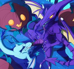 2016 bad_furaffinity_id bad_id beak blitzdrachin capcom cel_shading claws crossover cum detailed_background dragon dragon_cock female food fruit halloween holidays hunter knot lucent_nargacuga male metroid monster monster_hunter monster_hunter_3_ultimate nargacuga nintendo oral owo paws penis pumpkin ridley size_difference source_request straight video_games wings