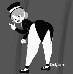 1girls 2024 2025 2d 2d_(artwork) big_ass black_and_white black_panties brenda_(clover) clothed clover_(or3o) fat_ass female grey_hair jpeg jpg monochrome presenting_ass presenting_hindquarters skullyhearts solo solo_female tagme thick_thighs top_hat white_skin