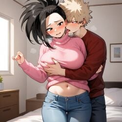 1boy 1girls ai_generated boku_no_hero_academia couple katsuki_bakugou my_hero_academia sensual yaoyorozu_momo