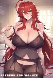 ai_generated big_ass big_breasts big_butt big_thighs black_lingerie black_panties blue_eyes blush garter_belt high_school_dxd huge_ass huge_breasts huge_butt huge_thighs lingerie long_hair pantyhose red_hair rias_gremory wanuze wide_hips