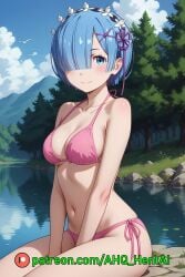 1girls ahq_hentai ai_generated bikini blue_hair blush breasts lake medium_breasts patreon perfect_body pink_bikini re:zero_kara_hajimeru_isekai_seikatsu rem_(re:zero) shy sitting stable_diffusion