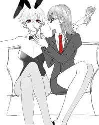 2girls alternate_costume big_breasts bunny_ears bunny_girl bunnysuit business_suit business_woman canon_genderswap cigarette cleavage crossed_legs dollar_bills female female_only genderswap_(mtf) ginko_sakata gintama gintoki_sakata glasses lighter lighting_cigarette long_hair looking_at_viewer money og2_c2 pantyhose playboy_bunny red_eyes rule_63 sarutobi_ayame short_hair sitting smoking sofa spot_color suit very_short_hair yuri